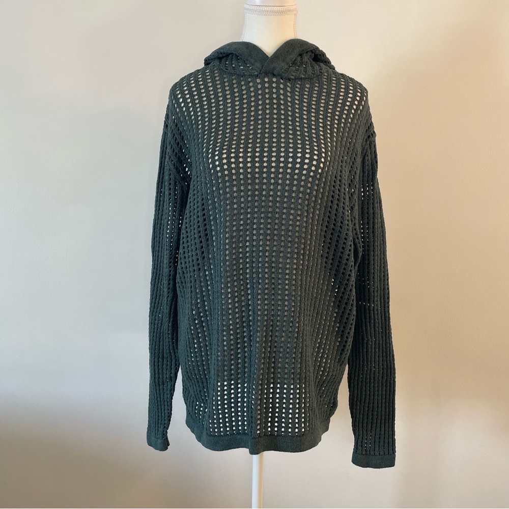 Art of Rhetoric Open Knit Hooded Sweater 100% Cotton Blue Green Large